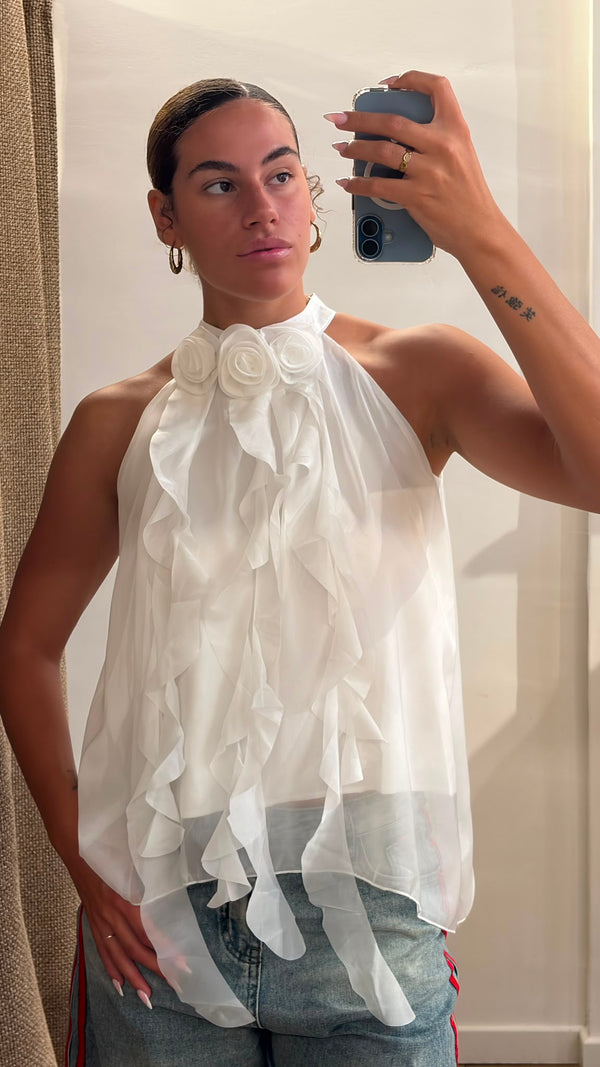 Top avec fleurs au col blanc