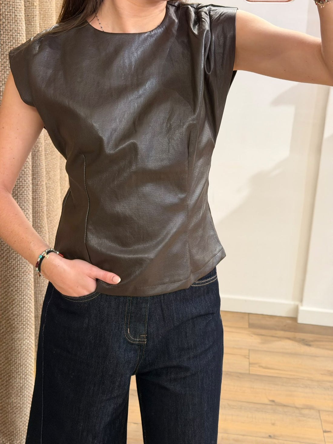 Top en simili cintré marron
