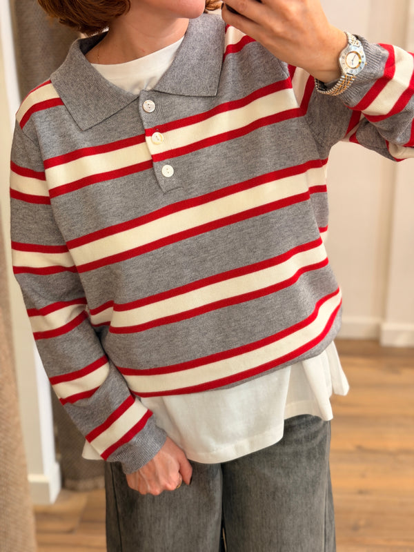 Polo en maille gris/rouge