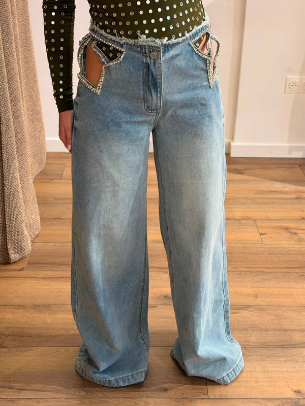 Jean bleu strass ajouré