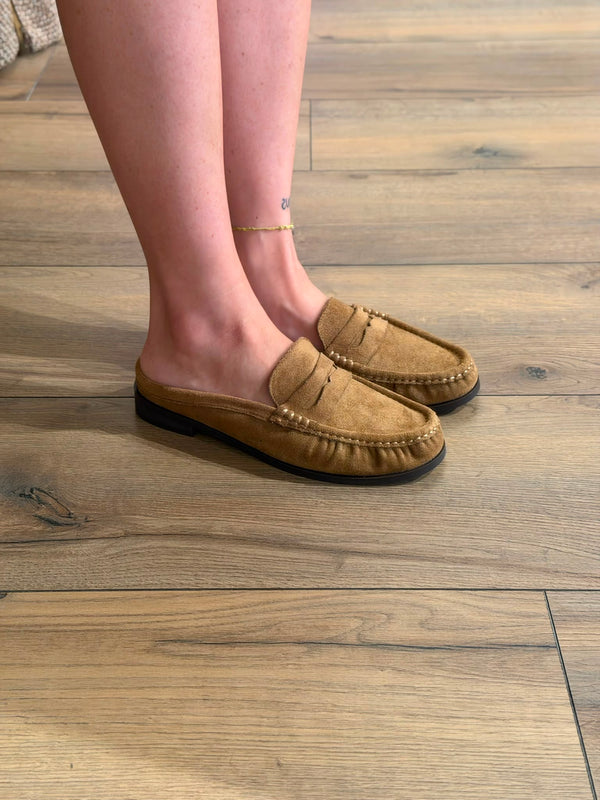 Mules mocassins daim camel