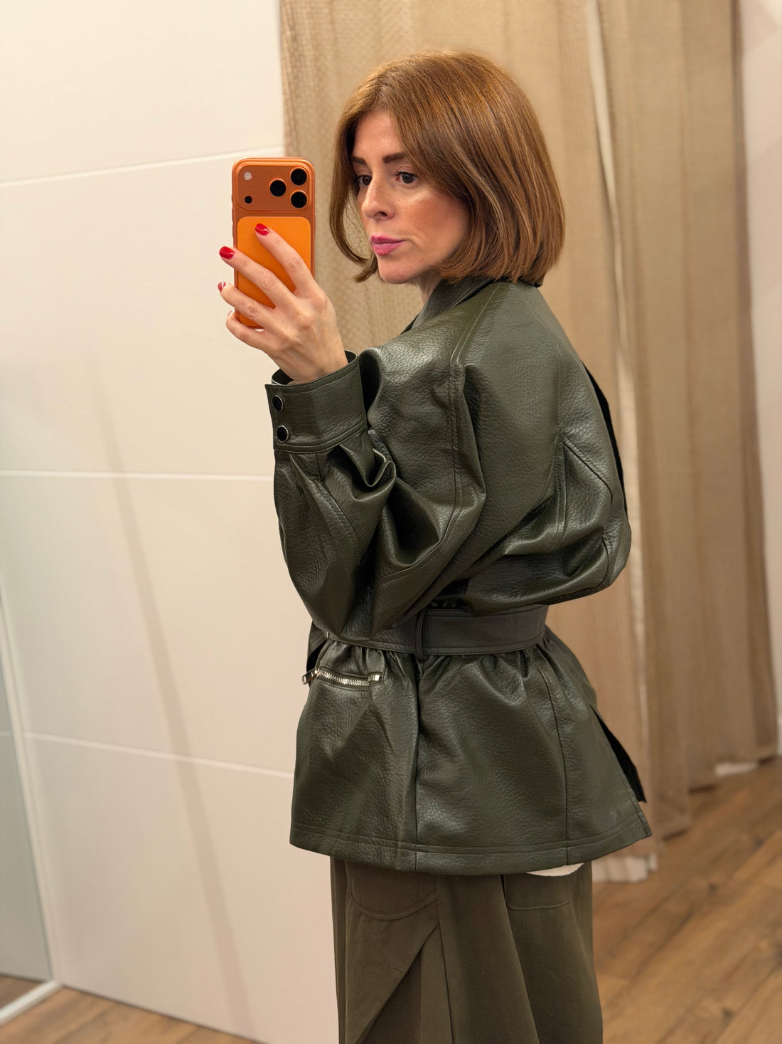Veste ceinturée simili kaki