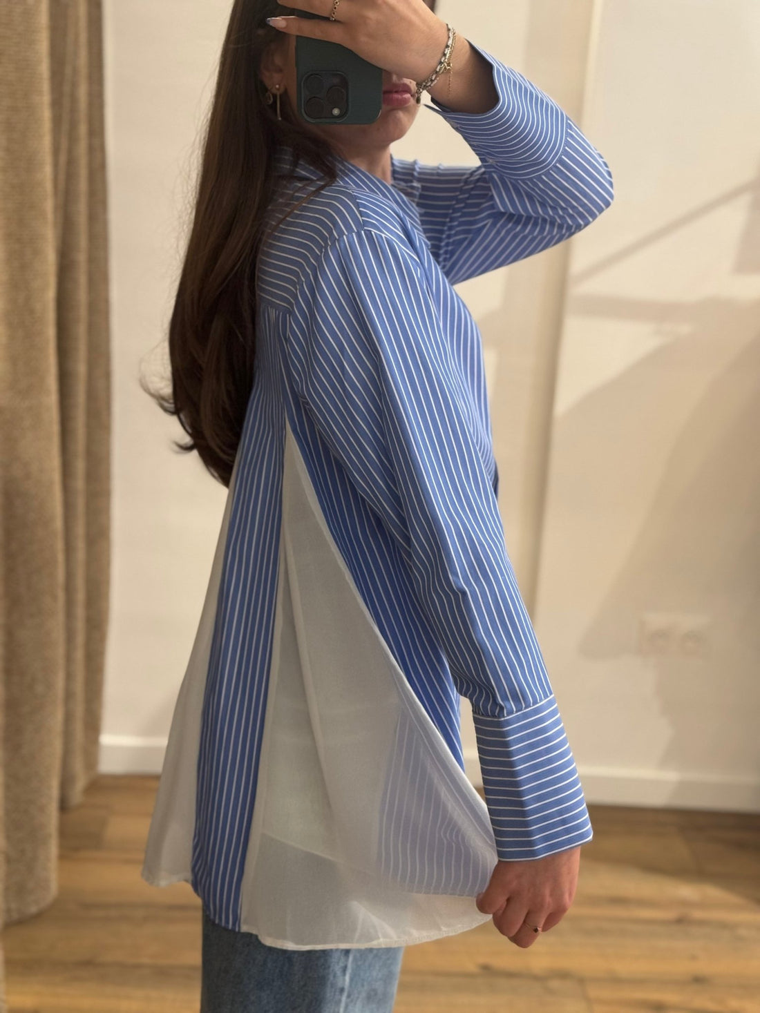 Chemise bleue rayee volant dos - Léone