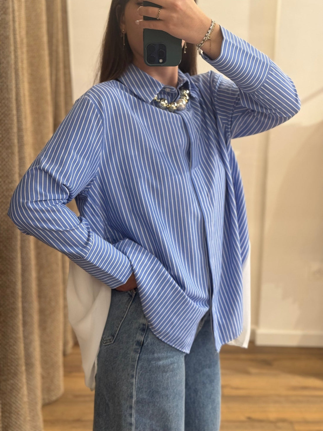 Chemise bleue rayee volant dos - Léone