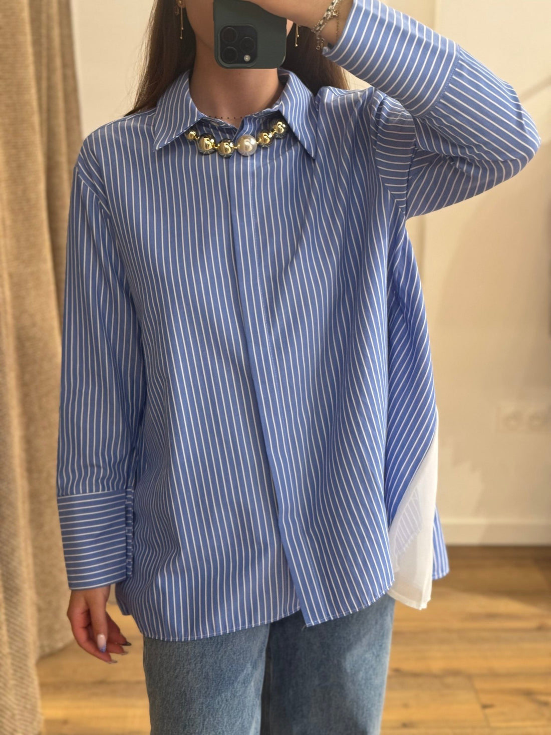 Chemise bleue rayee volant dos - Léone