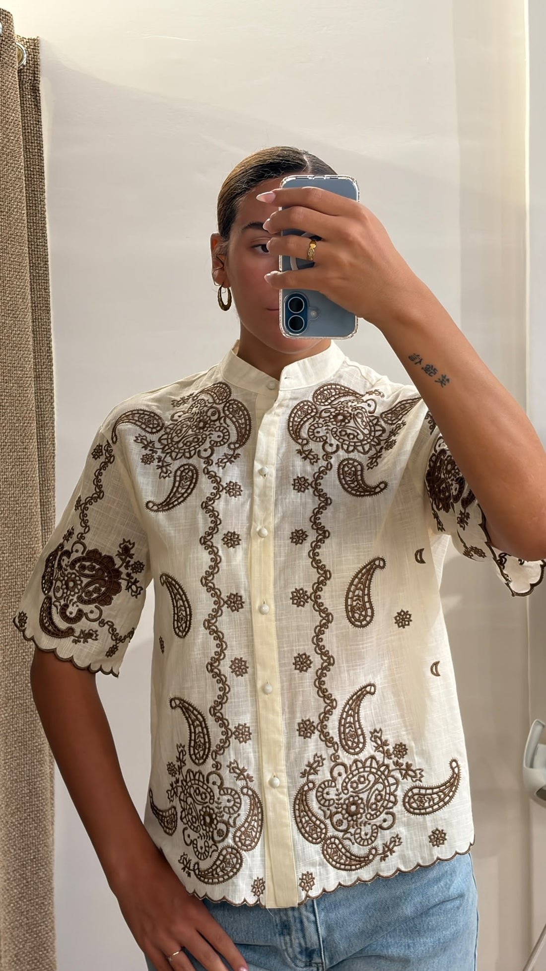 Chemise écrue brodée marron - Léone