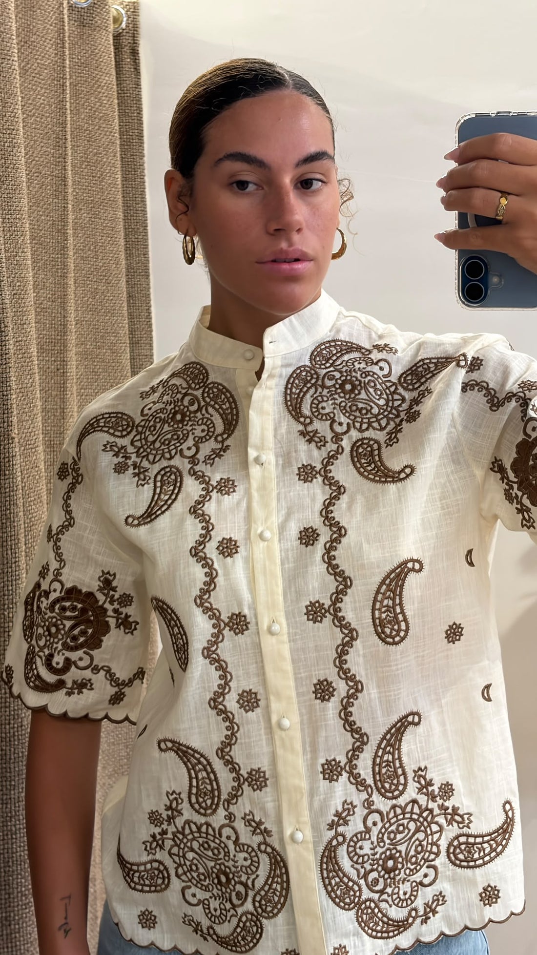 Chemise écrue brodée marron - Léone