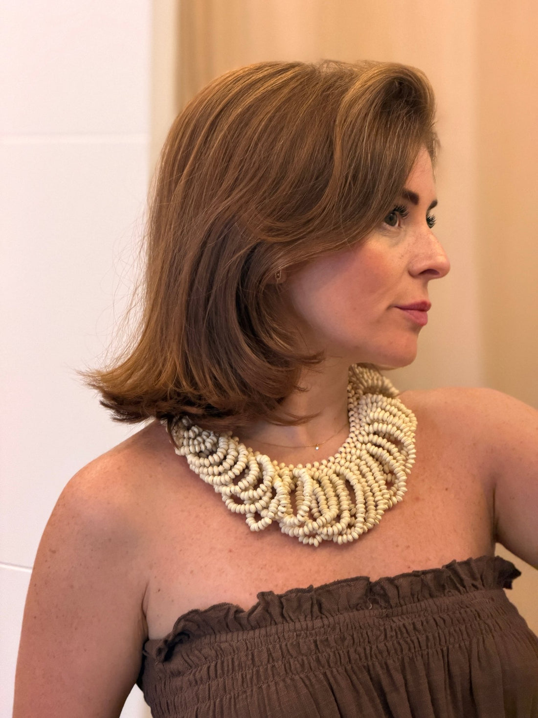 Collier beige perles anneaux - Léone