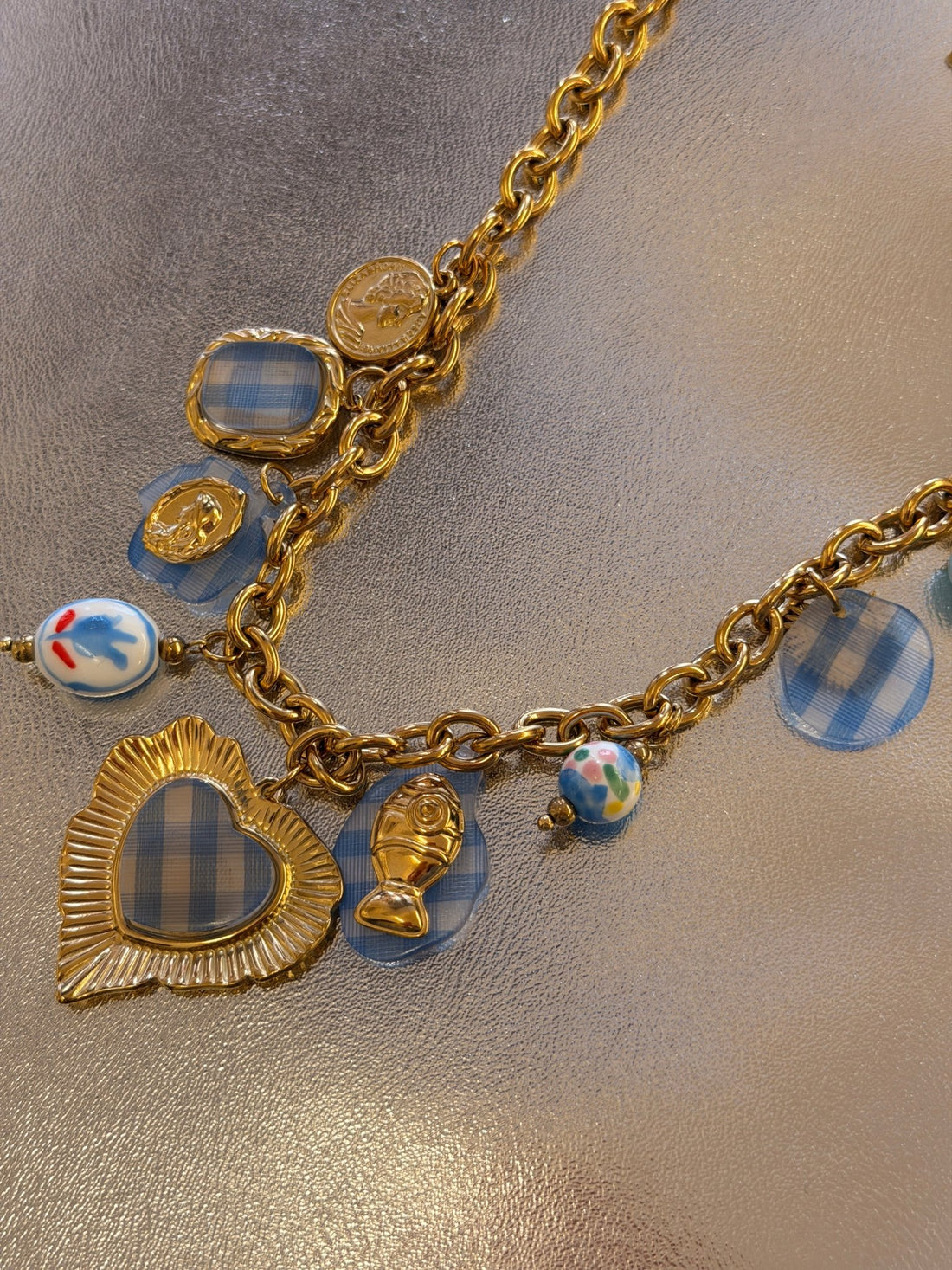Collier doré coeur vichy bleu - Léone