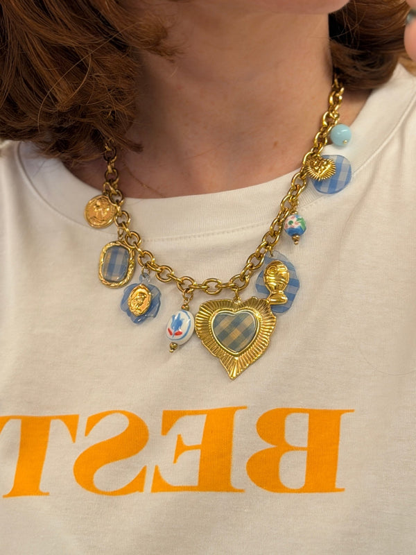 Collier doré coeur vichy bleu - Léone