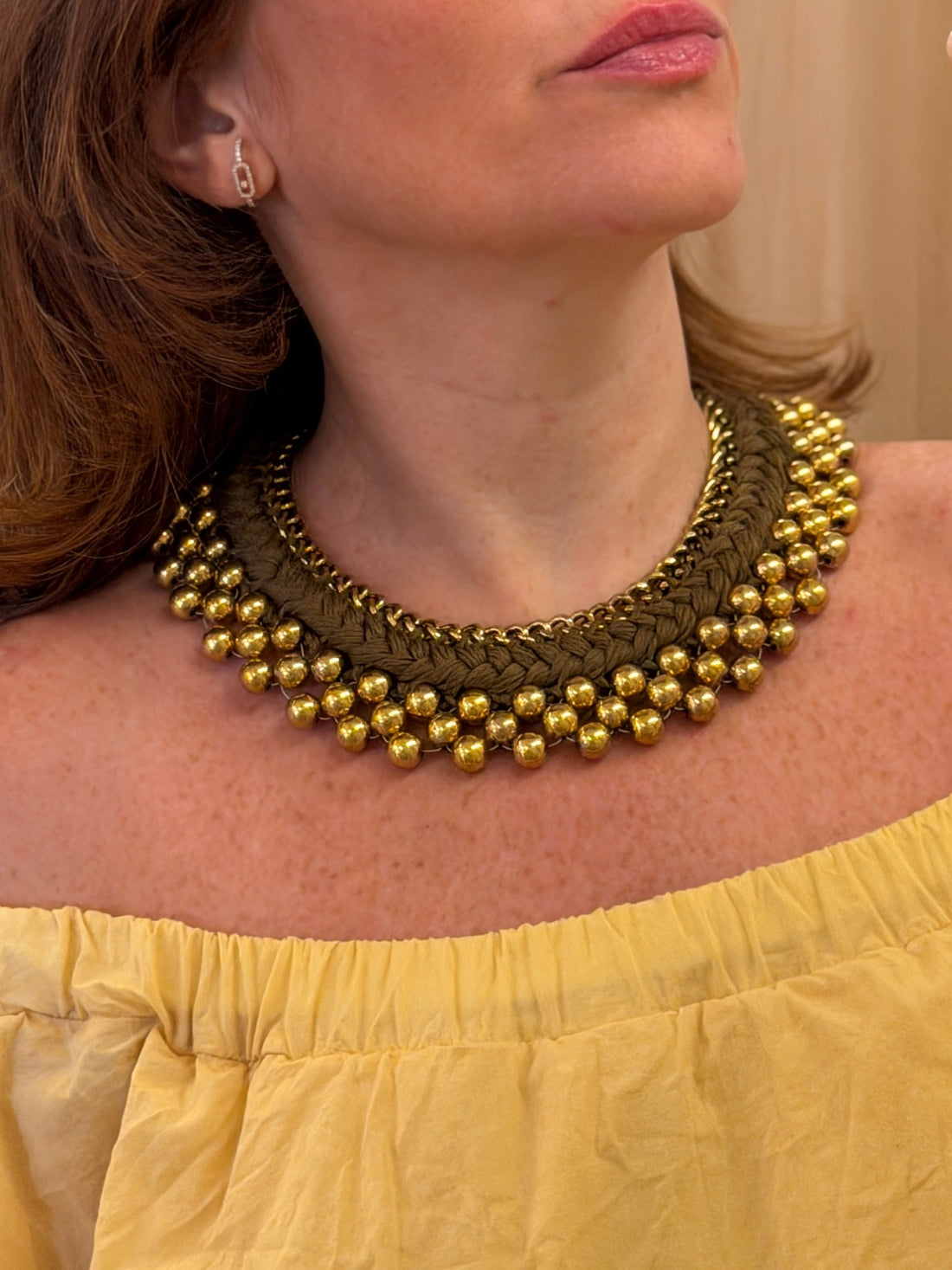 Collier perle et tresse kaki - Léone