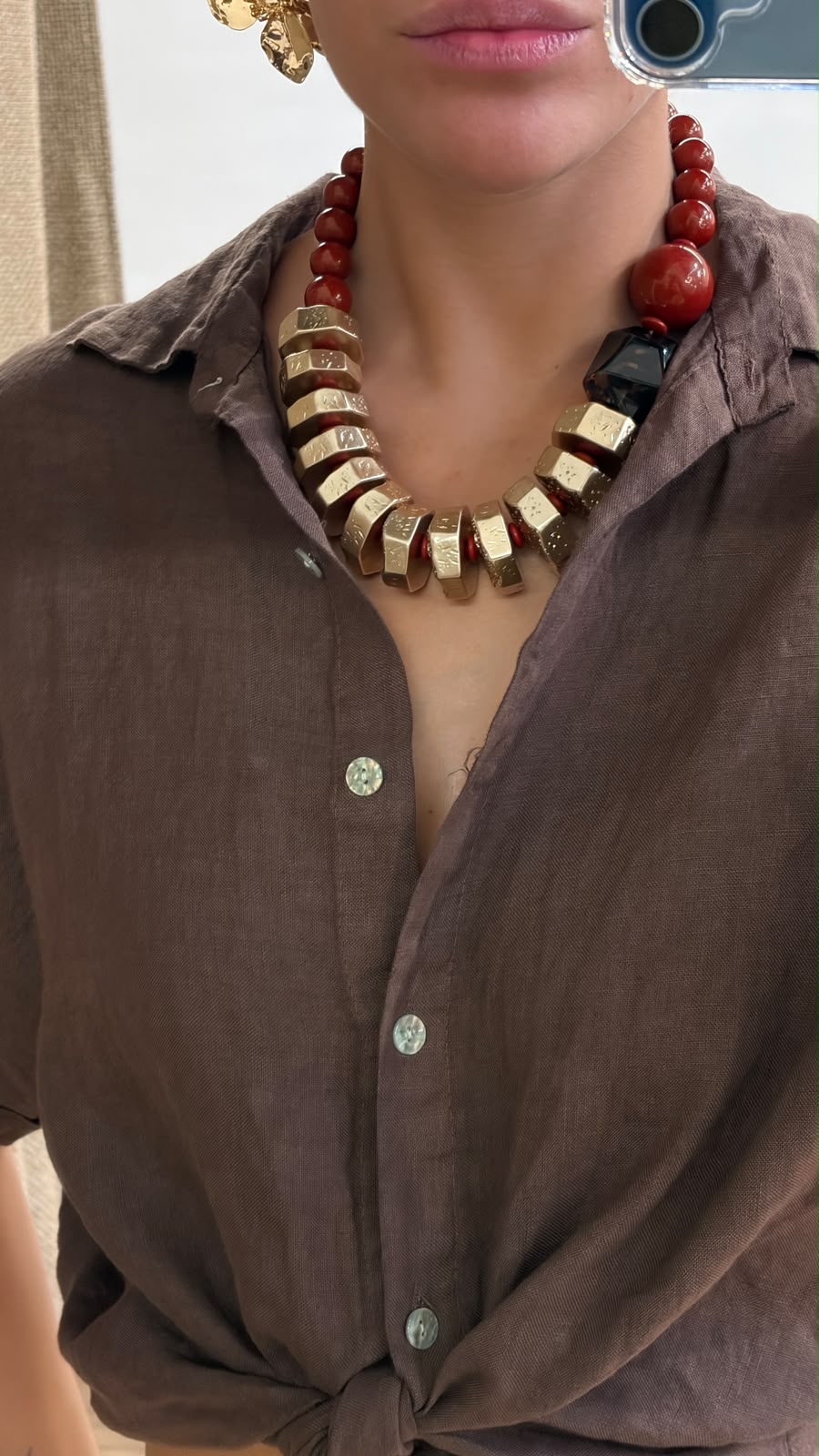 Collier perles et resine rouge - Léone