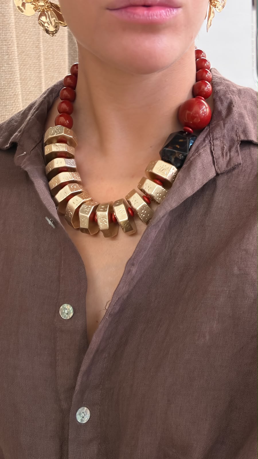 Collier perles et resine rouge - Léone
