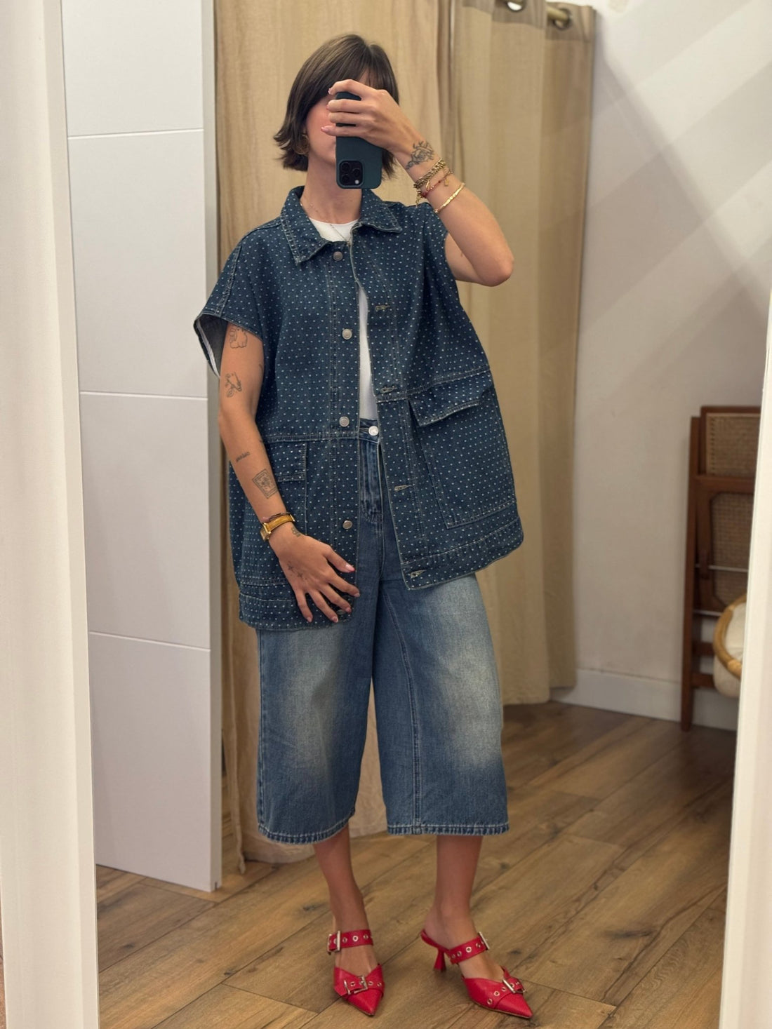 Gilet Richy bleu vieilli à pois - Léone