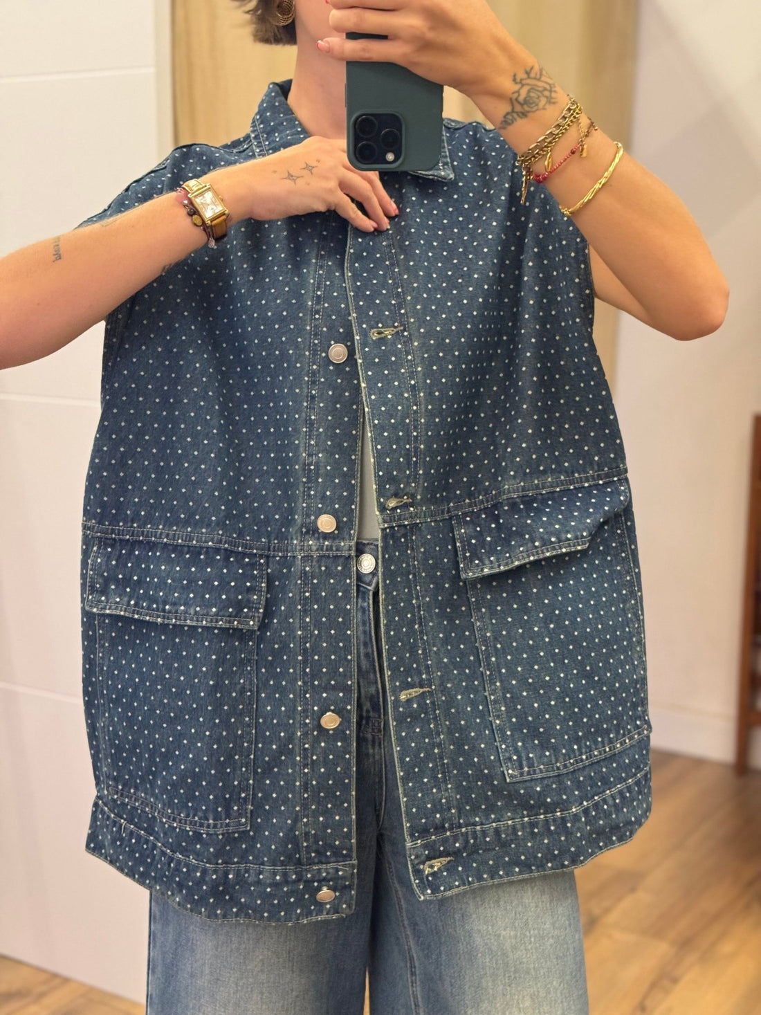 Gilet Richy bleu vieilli à pois - Léone