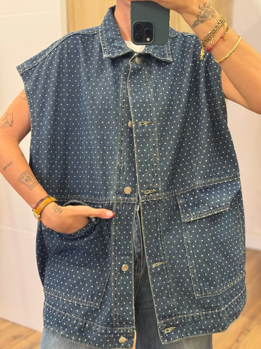 Gilet Richy bleu vieilli à pois - Léone