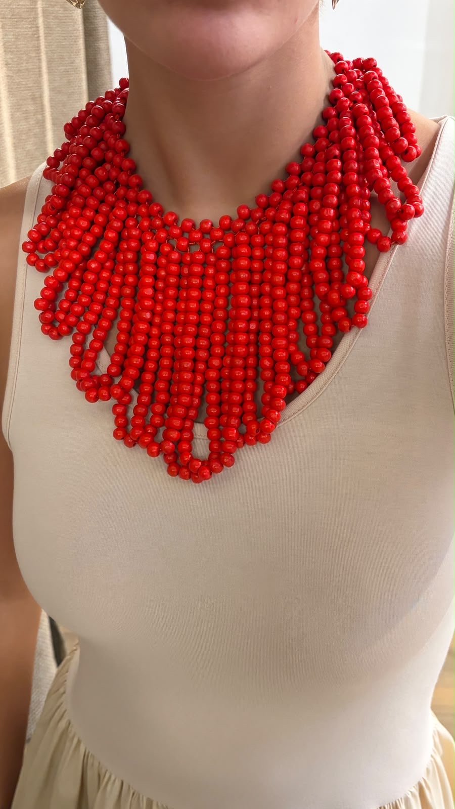 Gros collier rouge perle bois - Léone