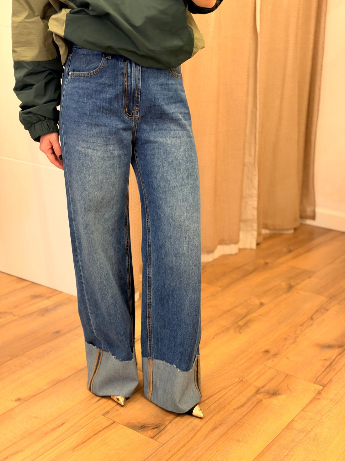 Jean wide leg à revers bleu - Léone