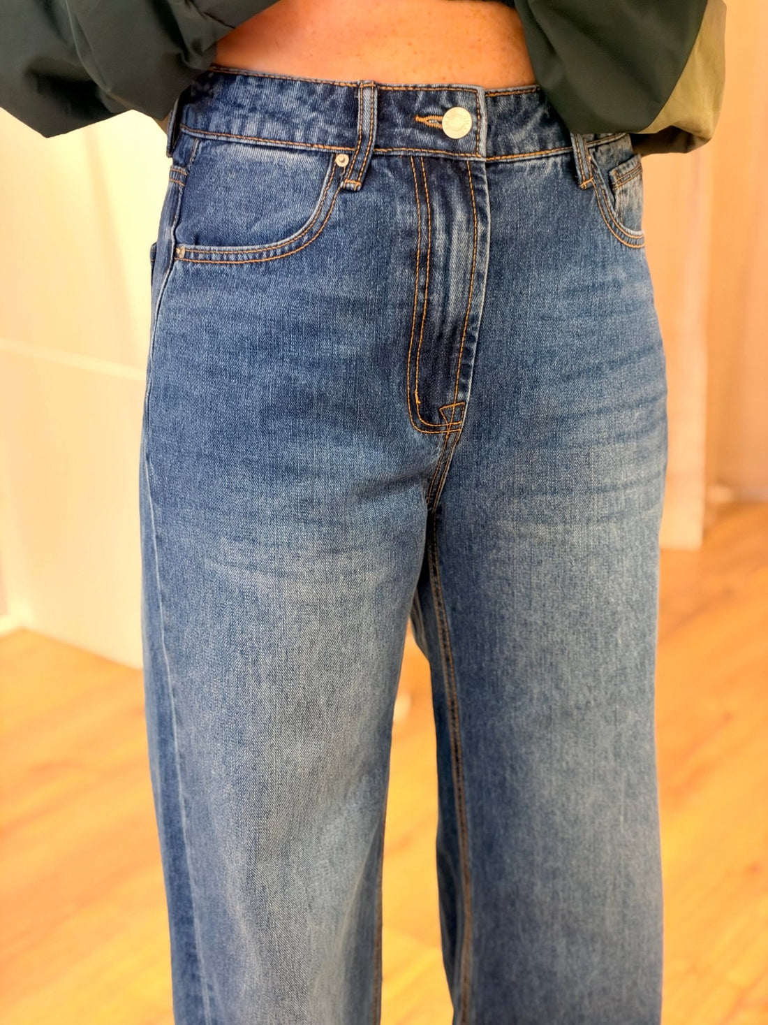 Jean wide leg à revers bleu - Léone
