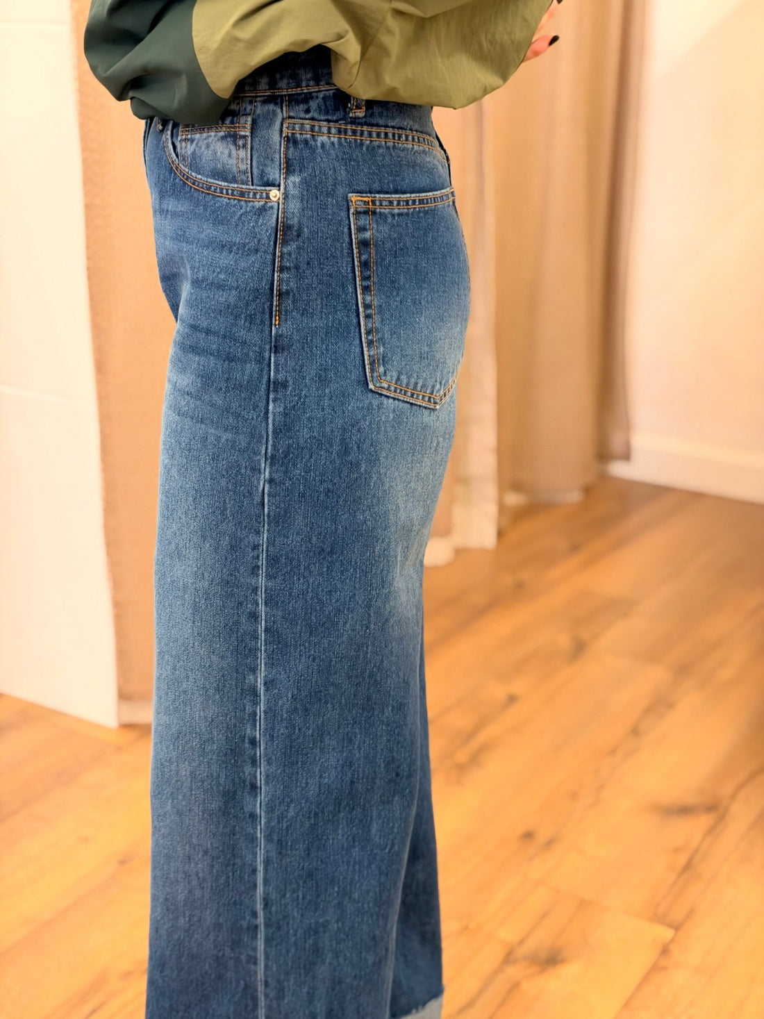 Jean wide leg à revers bleu - Léone