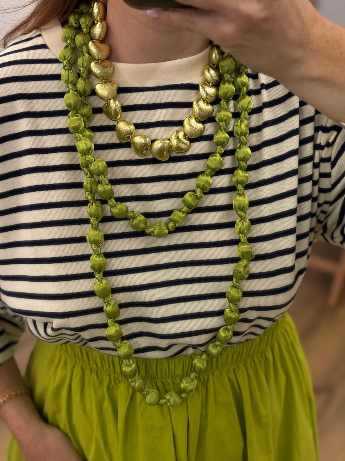 Long collier double vert pomme satiné - Léone