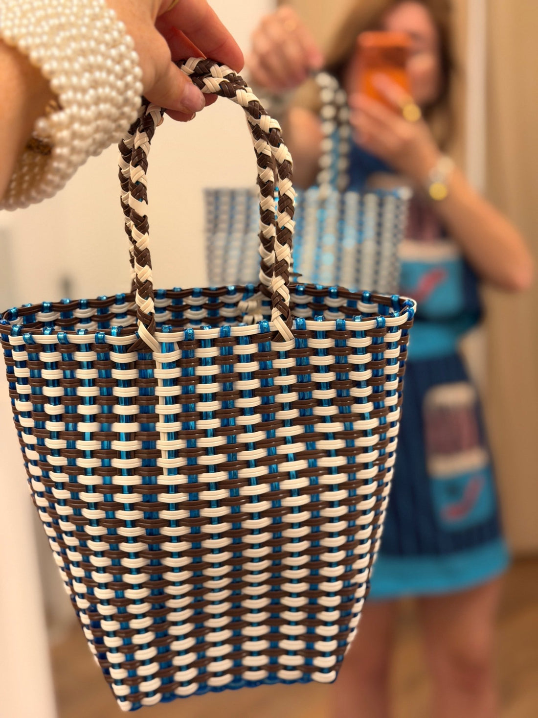 Mini cabas tissé main bleu - Léone