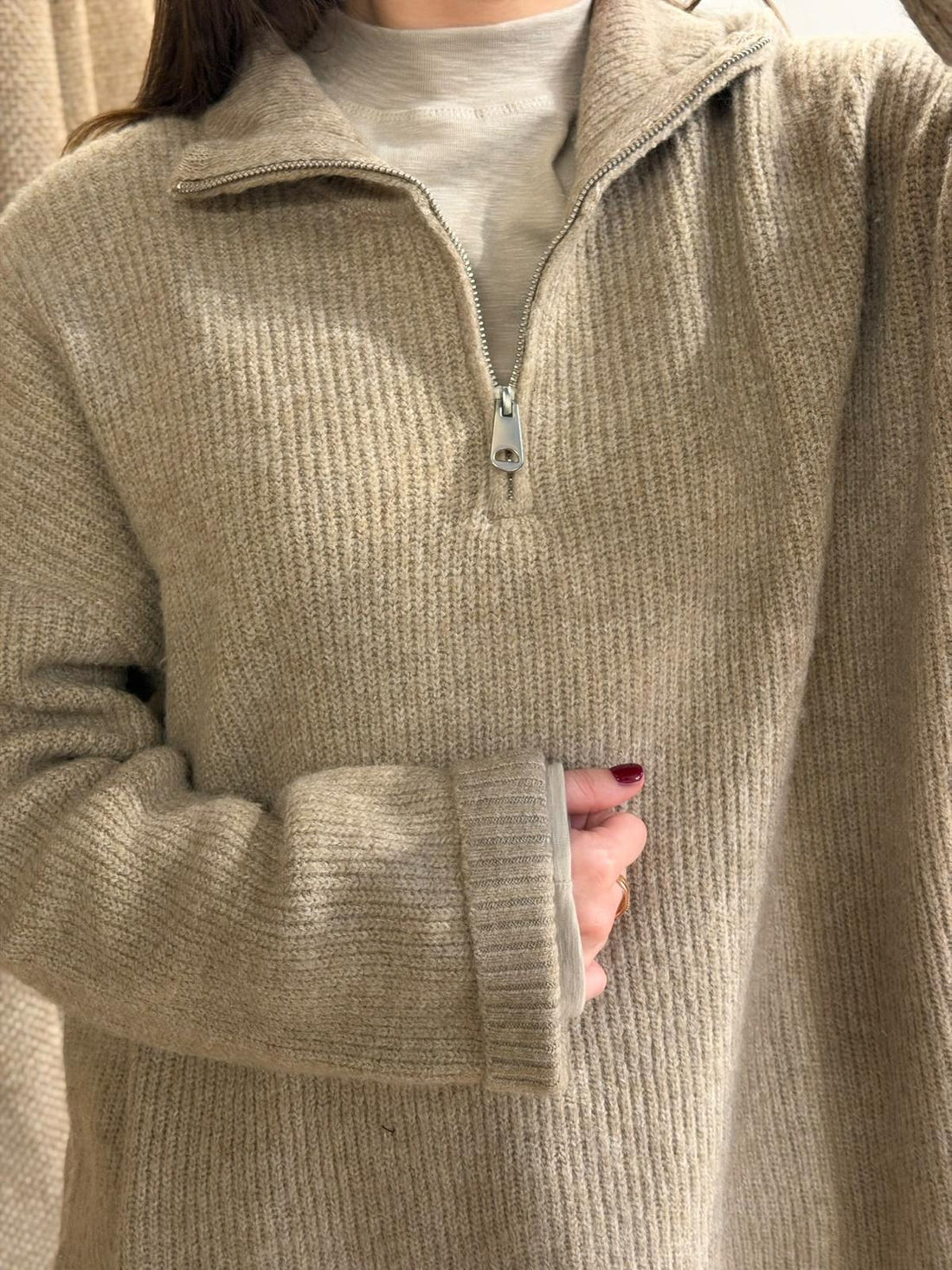 Pull taupe col cheminée - Léone