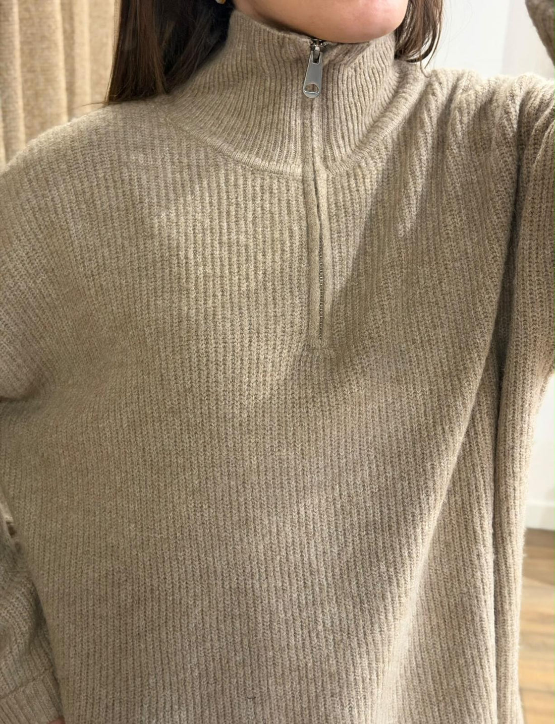 Pull taupe col cheminée - Léone