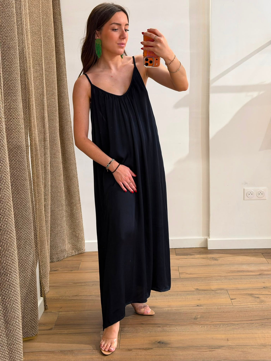 Robe longue satin Palma marine - Léone