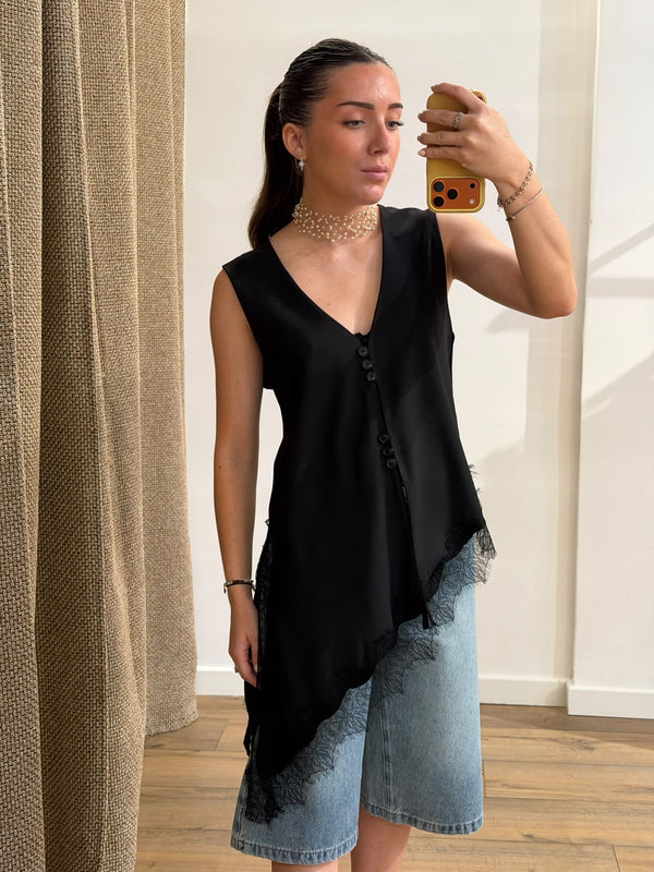 Top asymétrique dentelle noir - Léone