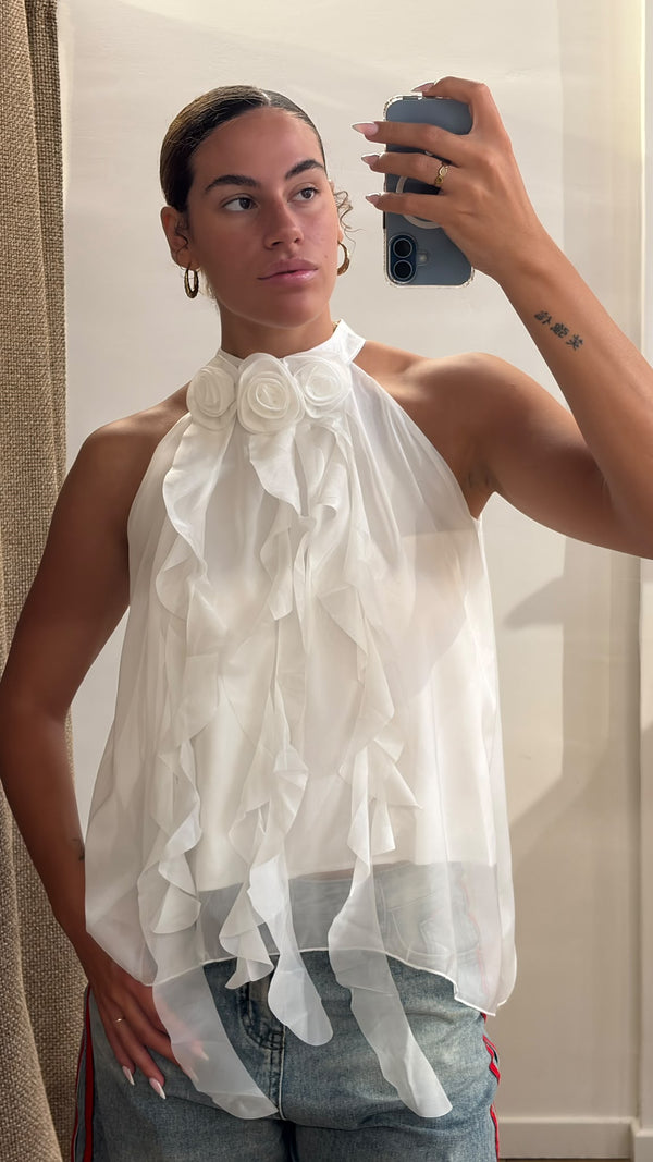Top avec fleurs au col blanc - Léone