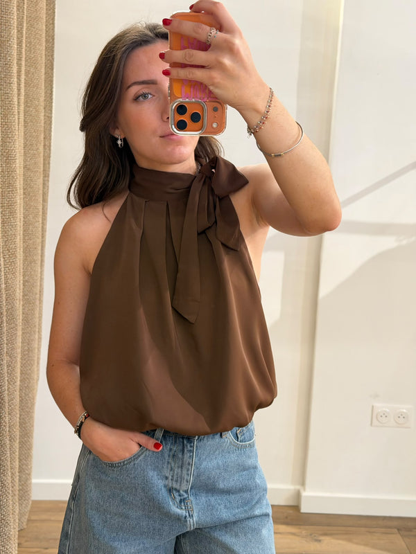 Top satin Kendra marron - Léone