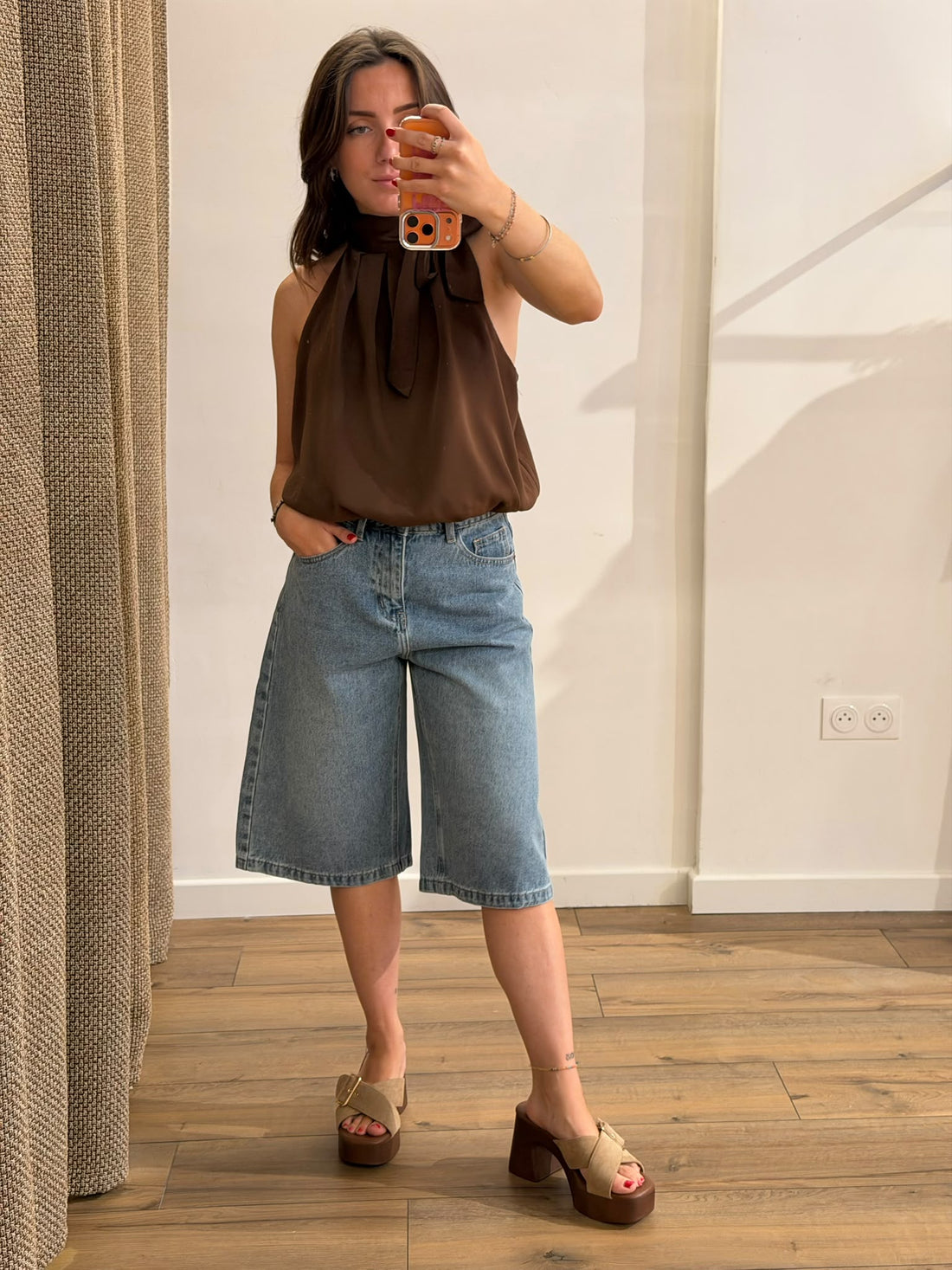 Top satin Kendra marron - Léone