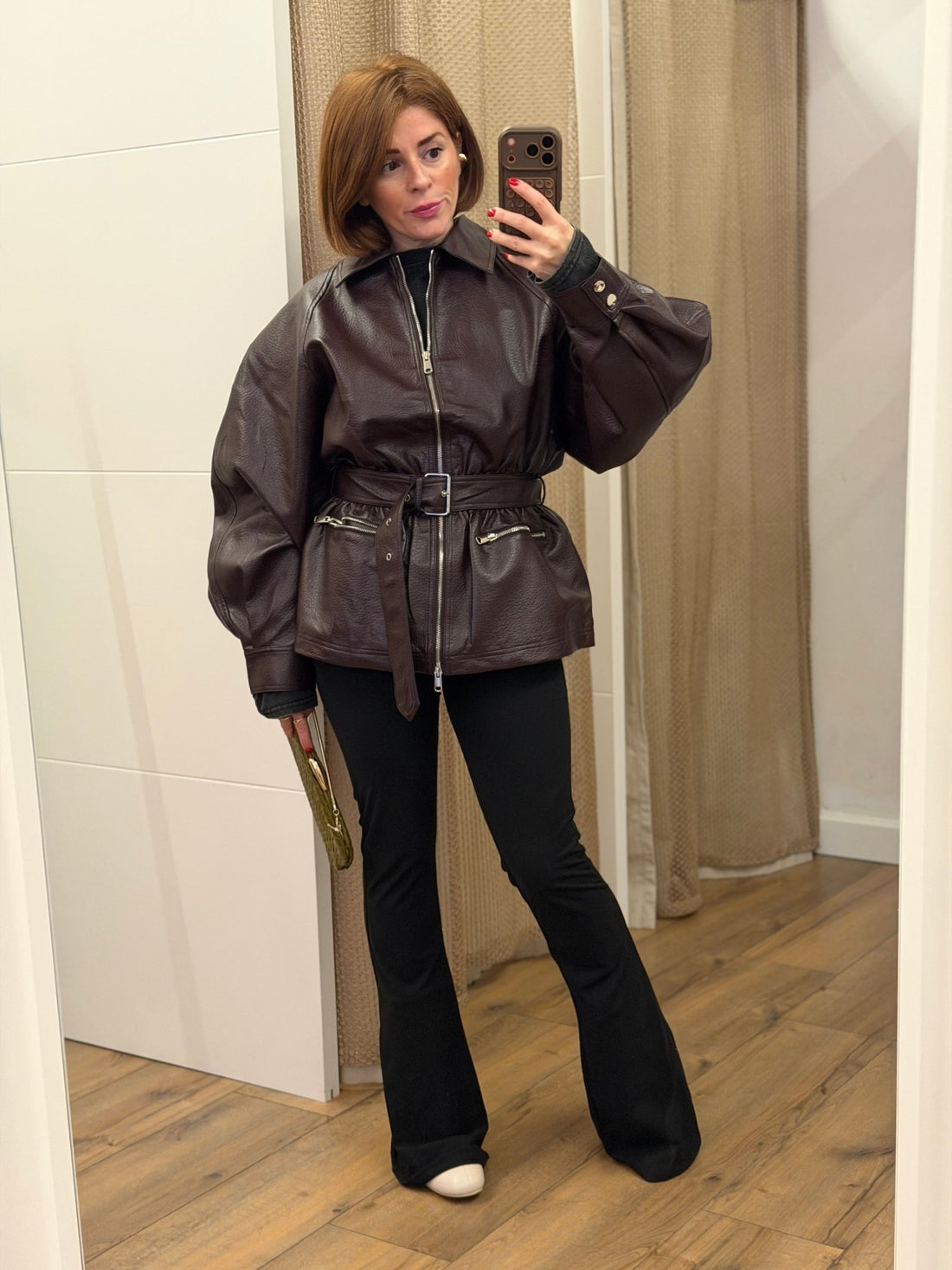 Veste ceinturée simili bordeau - Léone